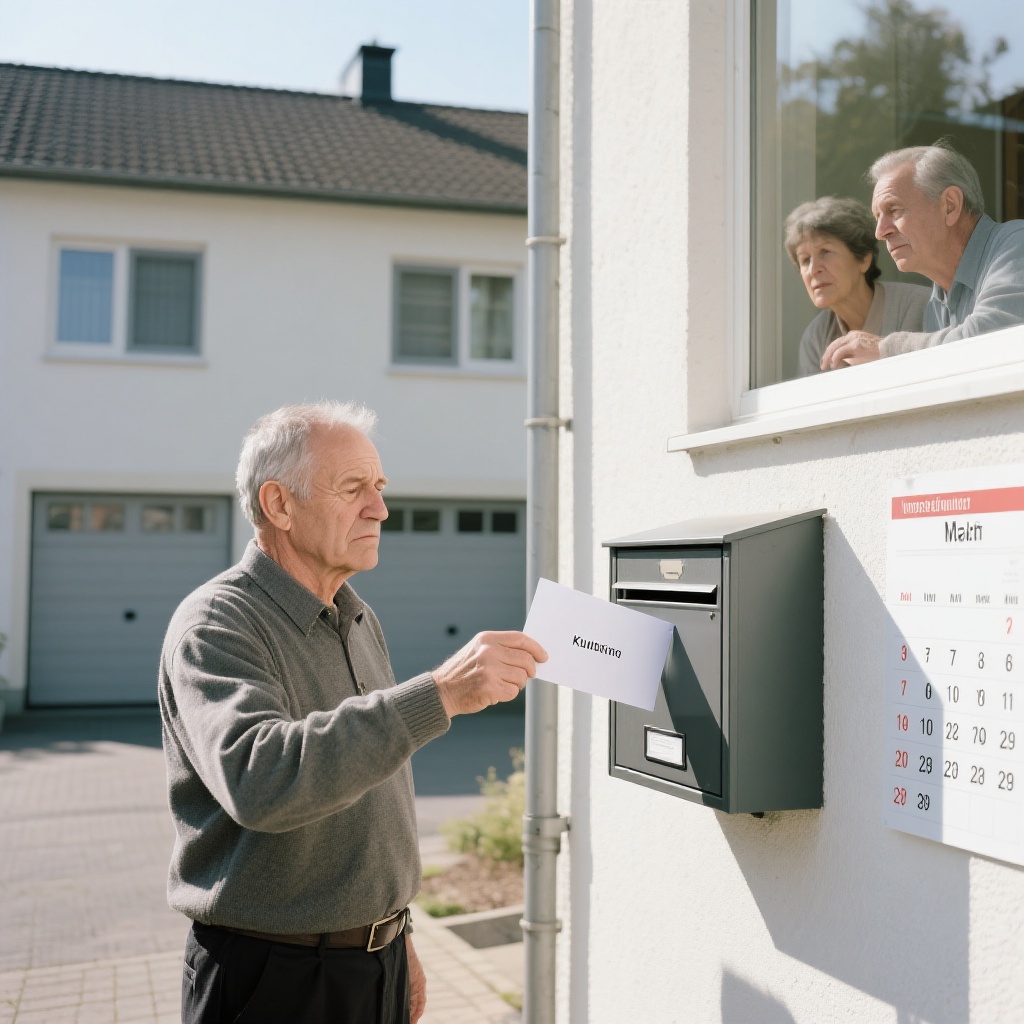 Älterer Mann kündigt Mietvertrag im März wegen Mietrückstand, während Nachbarn besorgt aus dem Fenster schauen.