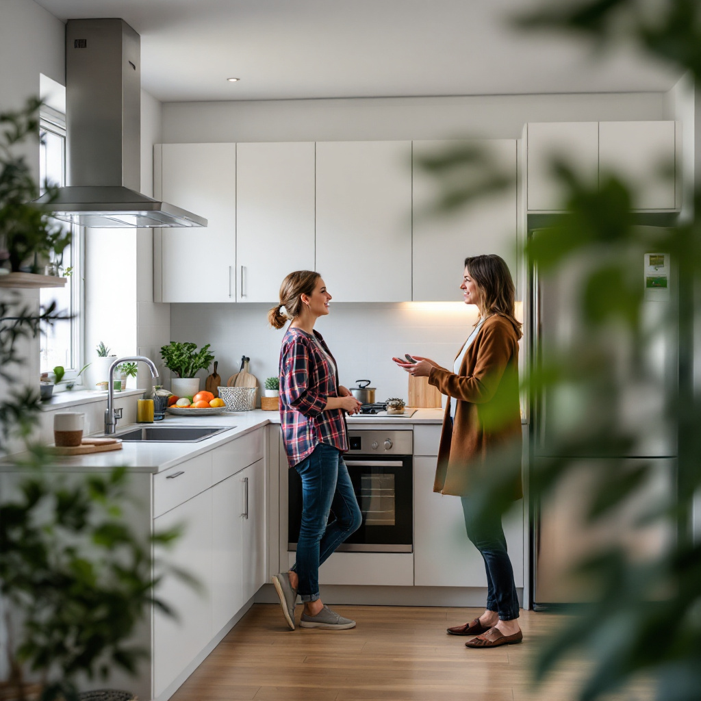 Mieterin und Vermieterin begutachten Einbauküche mit Elektrogeräten