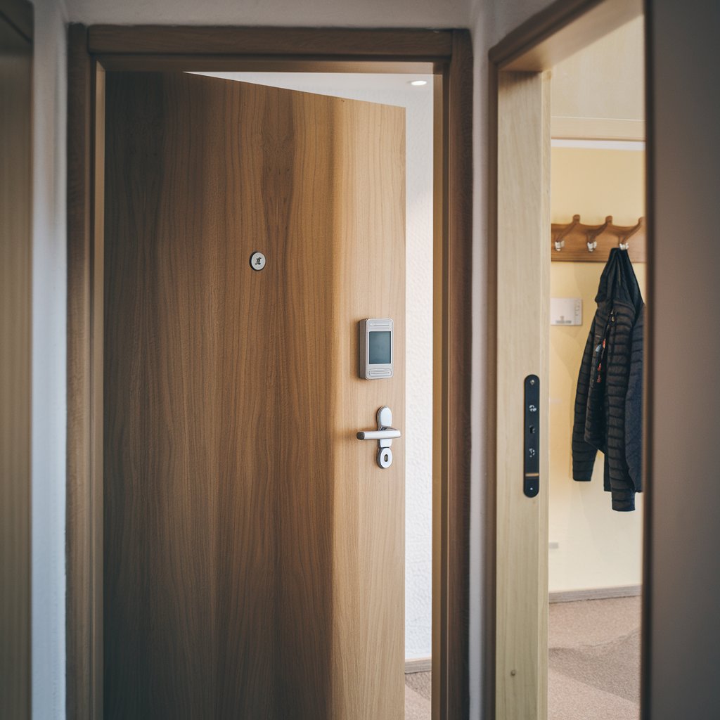Digitaler Türspion zeigt teilweise den Flur eines Mehrfamilienhauses mit Garderobe und Lichtschalter.