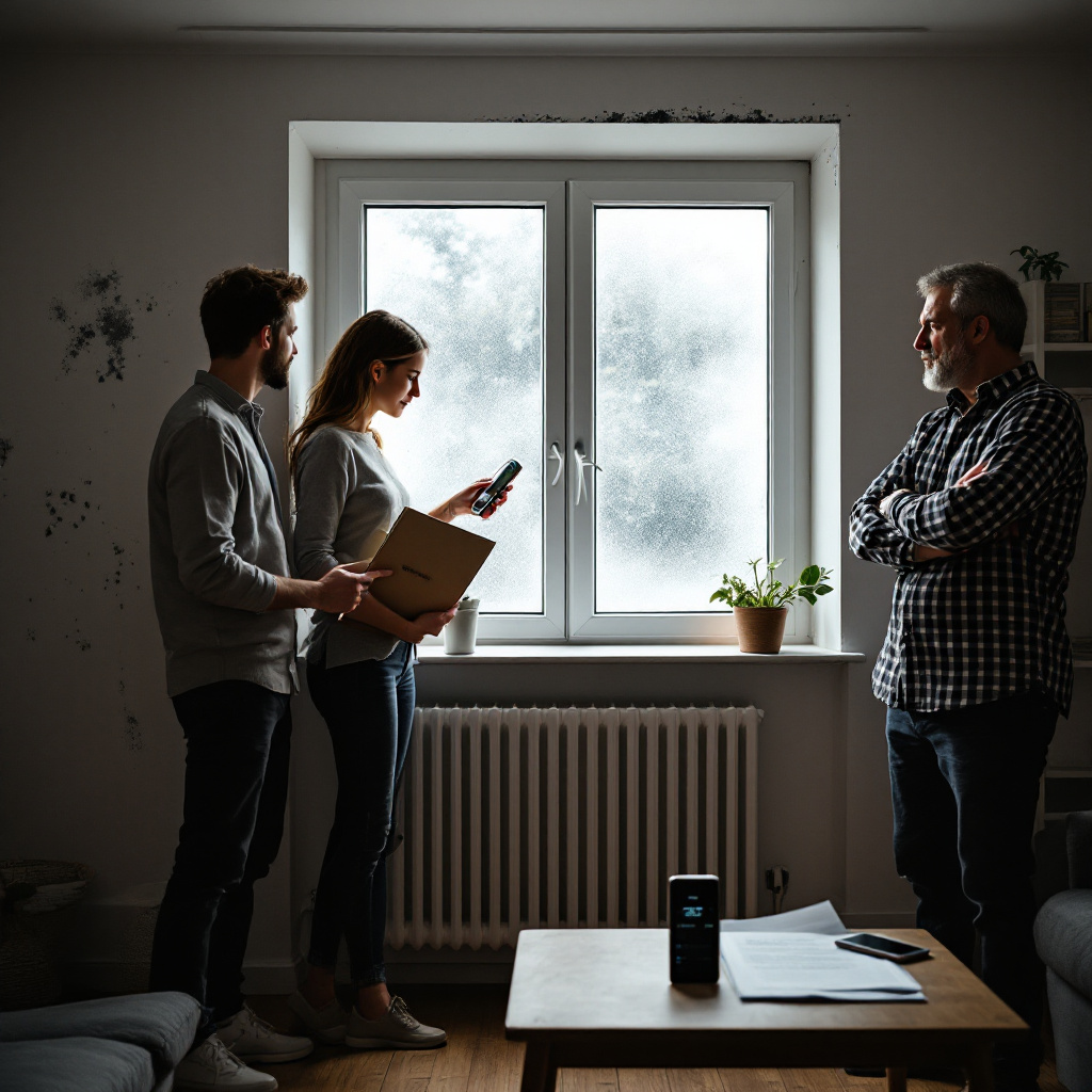 Junge Mieter zeigen Schimmel im Wohnzimmer ihrem Vermieter, während sie einen Mietminderungsantrag und einen Feuchtemesser halten.