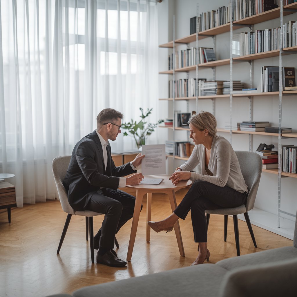 Vermieter und Mieterin diskutieren angespannt einen Mietvertrag am Tisch, Fokus auf Versicherungsklausel.