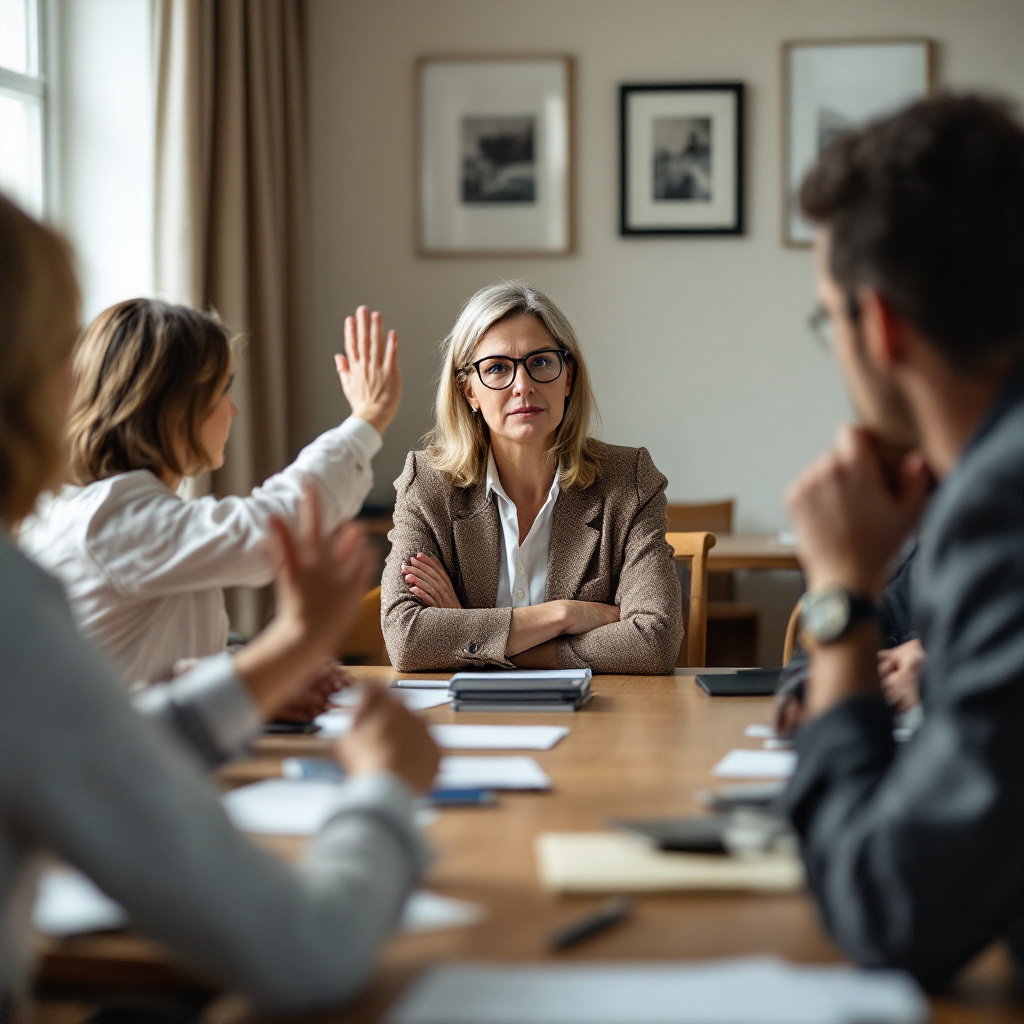 Eigentümerversammlung in Frankfurt: Abstimmung zu Zahlungsverzögerung, Gegenstimme einer Frau mit verschränkten Armen.