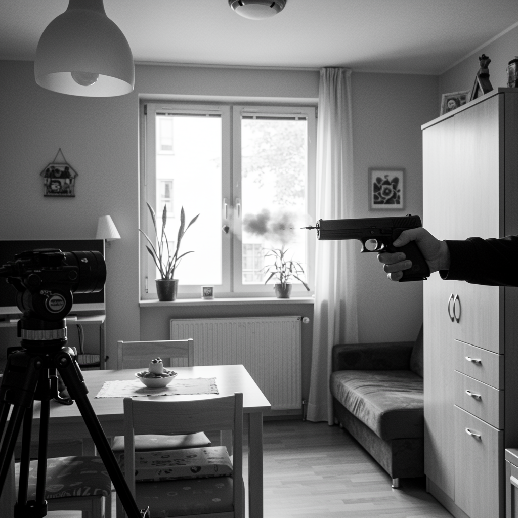 Schussabgabe in einer Hamburger Wohnung mit modernem Mobiliar und hellen Wänden.