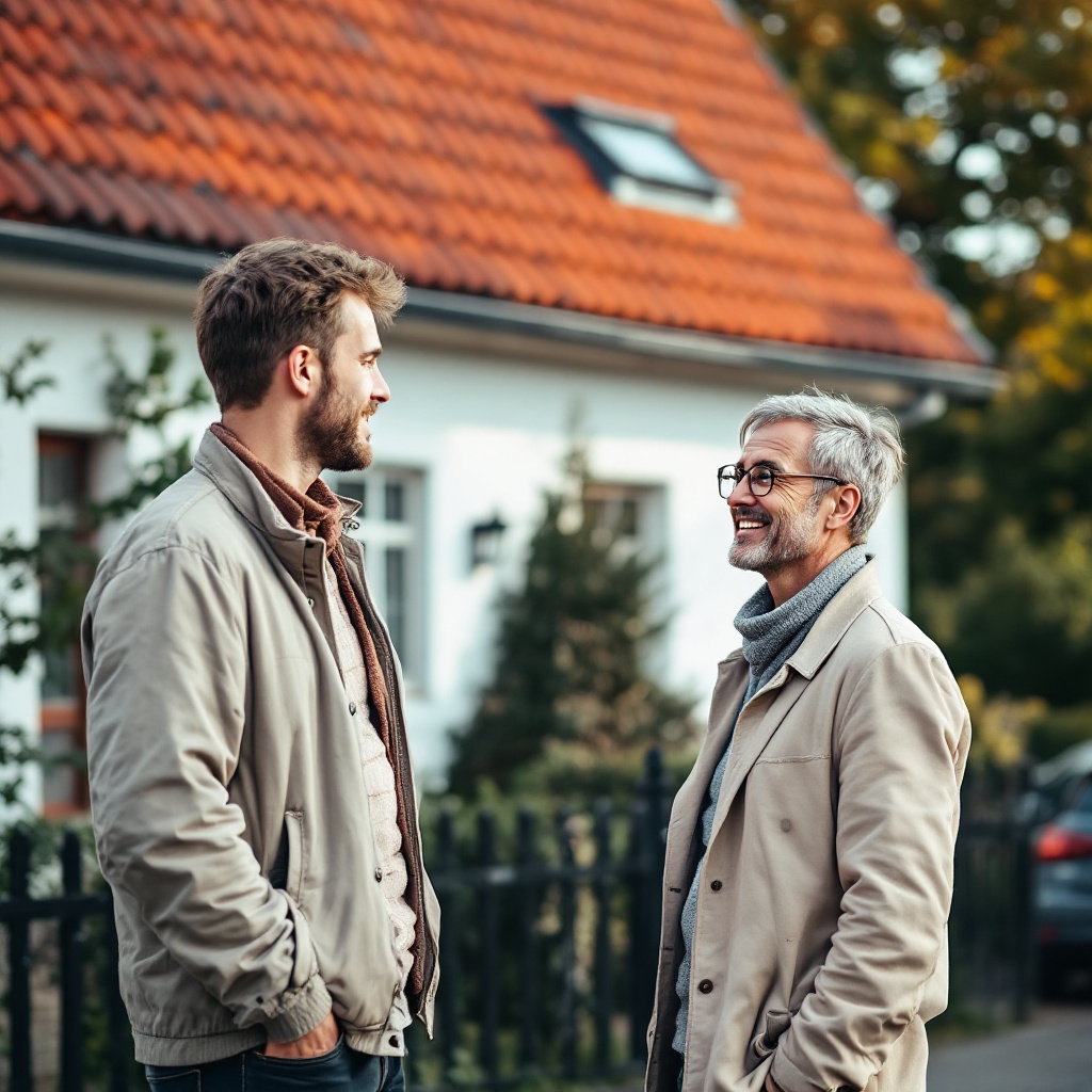 Makler und Käufer vor Haus. Konkludenter Maklervertrag? Provision, Zustimmung, Recht.