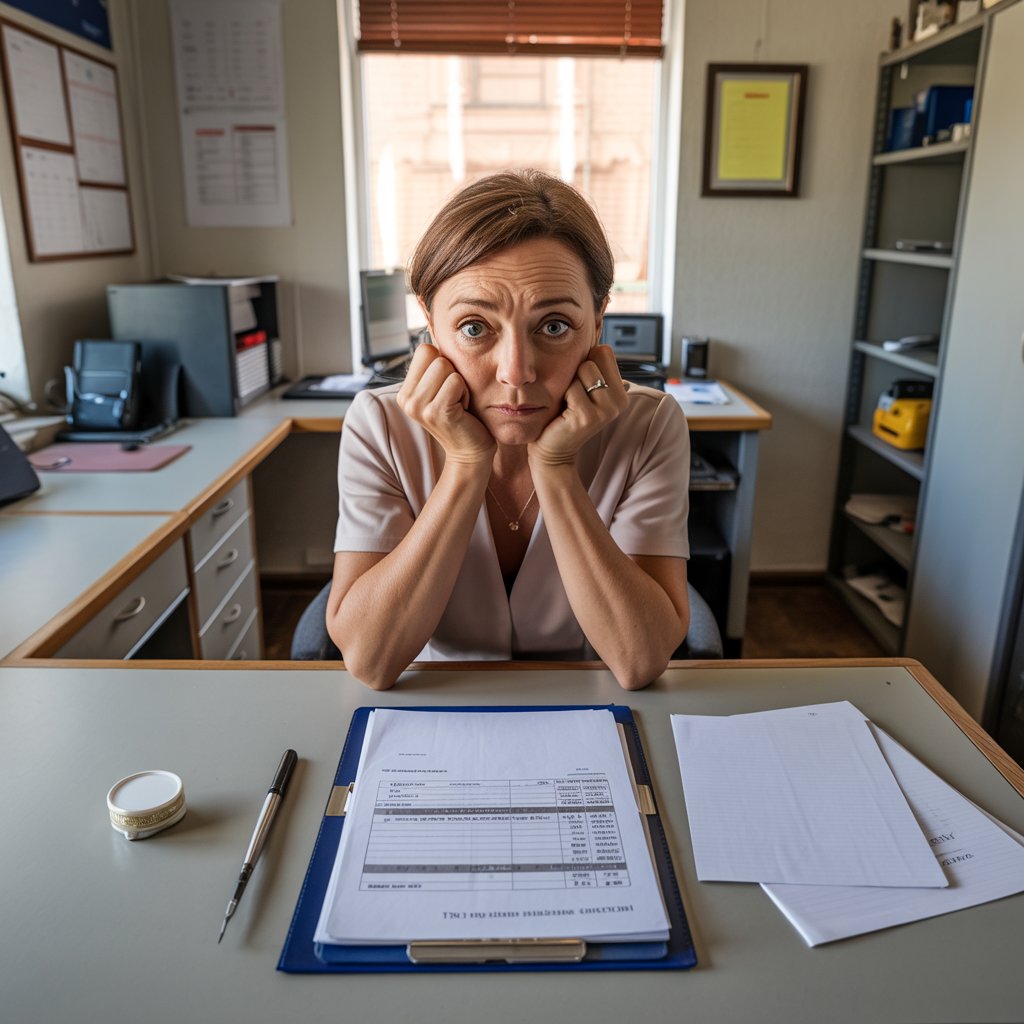 Besorgte Mieterin bei Betriebskostenabrechnung im kleinen Büro, schockierter Gesichtsausdruck