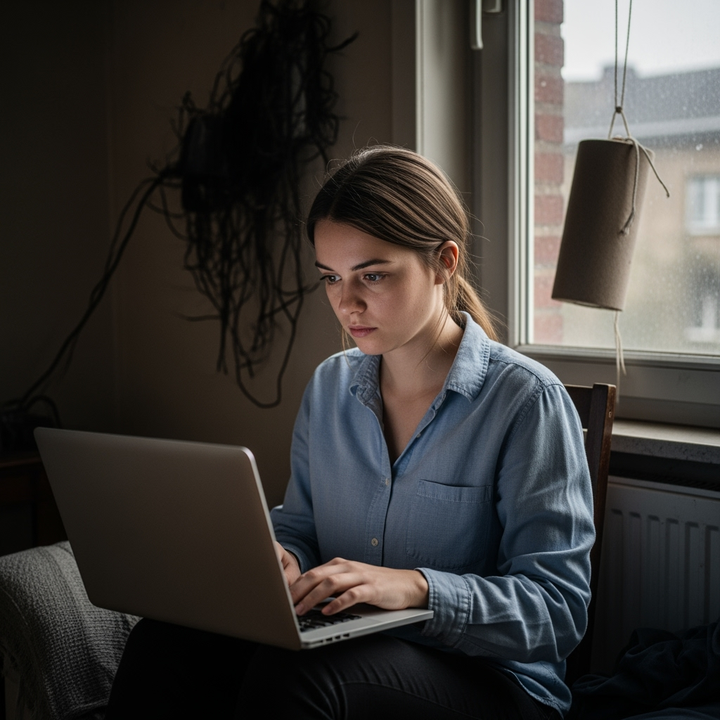 Person arbeitet am Laptop über Betriebskostennachzahlung, natürliches Licht hinter ihr, neutrale Töne, Pflanze im Hintergrund.