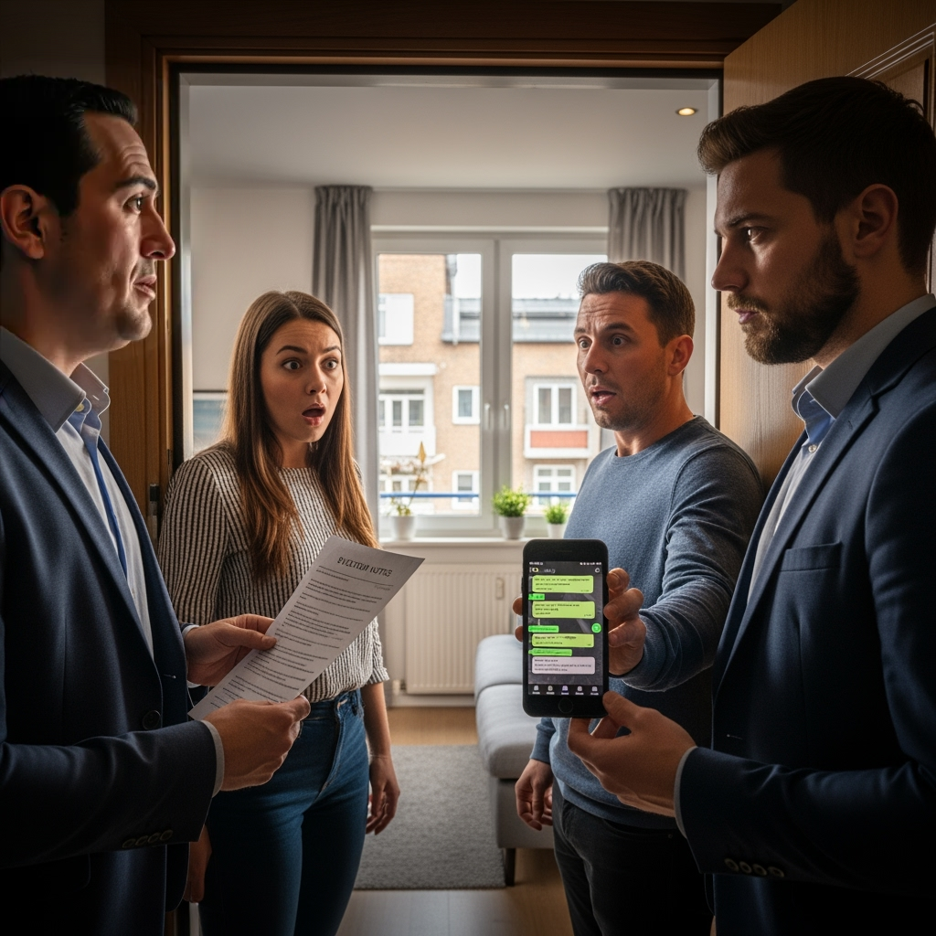 Ein Mieterpaar blickt ungläubig auf die Räumungsklage, während ein Anwalt im blauen Anzug ihnen die unerwarteten Anwaltskosten der Klage auf dem Smartphone zeigt.