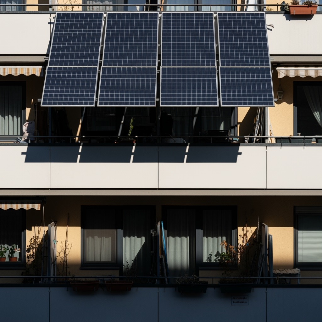 Ein an einer Fassade montiertes Balkonkraftwerk, das Nachbarn wegen erheblicher Verschattung und Sichtbehinderung beklagten, veranschaulicht den Kern einer vor Gericht gescheiterten Klage.