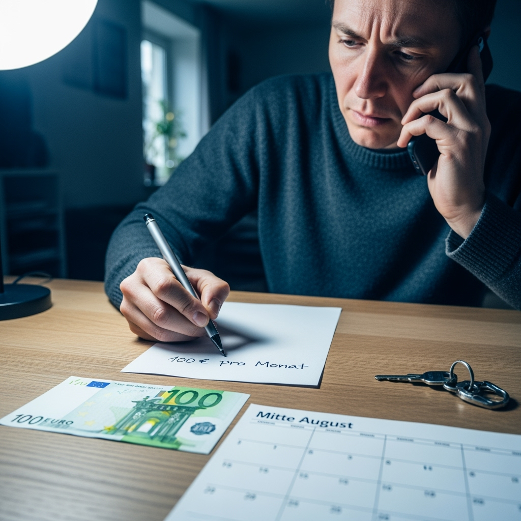 Ein Mieter, dessen fristlose Kündigung wegen ausstehender Betriebskosten scheiterte, telefoniert und notiert sich die Details der umstrittenen Ratenzahlungsvereinbarung, während die fälligen Euroscheine auf dem Tisch seinen Mietrückstand symbolisieren.