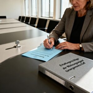 Nahaufnahme einer Hand, die diskret ein Anlage-Zertifikat neben einem Aktenordner 'Erhaltungsrücklage' unterzeichnet.