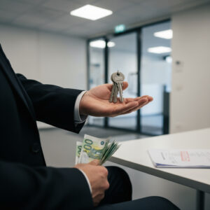 Die fordernde Hand eines Vermieters hält einen Bund Schlüssel, während ein Mieter zögerlich ein dickes Bündel Geldscheine festhält.