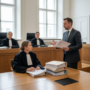 Zwei identisch dicke, versiegelte medizinische Gutachtenmappen liegen nebeneinander auf einem Holzschreibtisch.