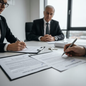 Zwei Hände unterzeichnen gleichzeitig einen Gewerbemietvertrag und ein separates Bürgschaftsdokument auf einem Schreibtisch.